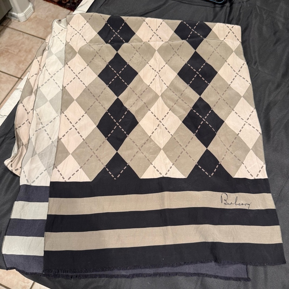 Burberry Sage, Cream, and Black Argyle Silk Oblong Scarf